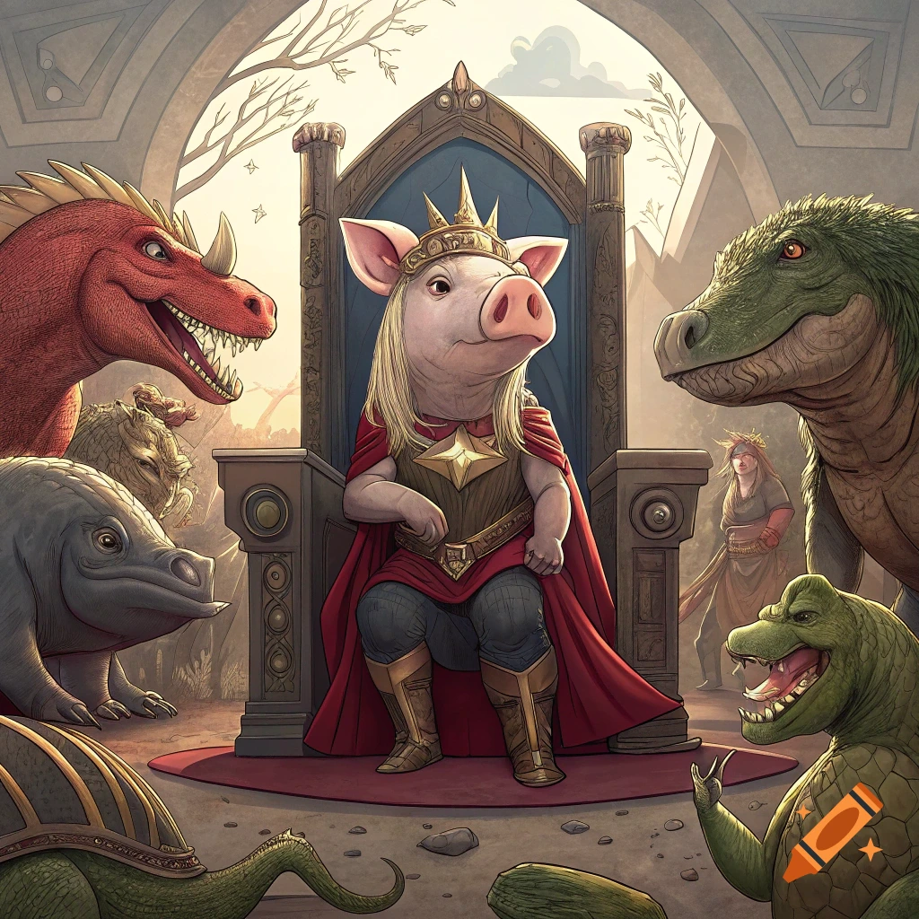 A pig wearing a crown and cape sits on a throne, surrounded by dinosaurs, in a fantasy style.