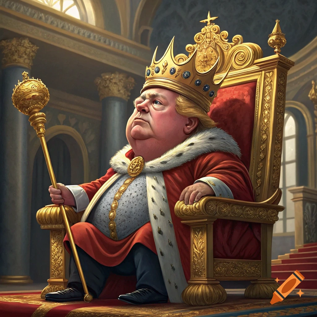 Cartoonish caricature of figure resembling Donald Trump on a golden throne, wearing a crown and royal robe, holding a scepter in a palace.
