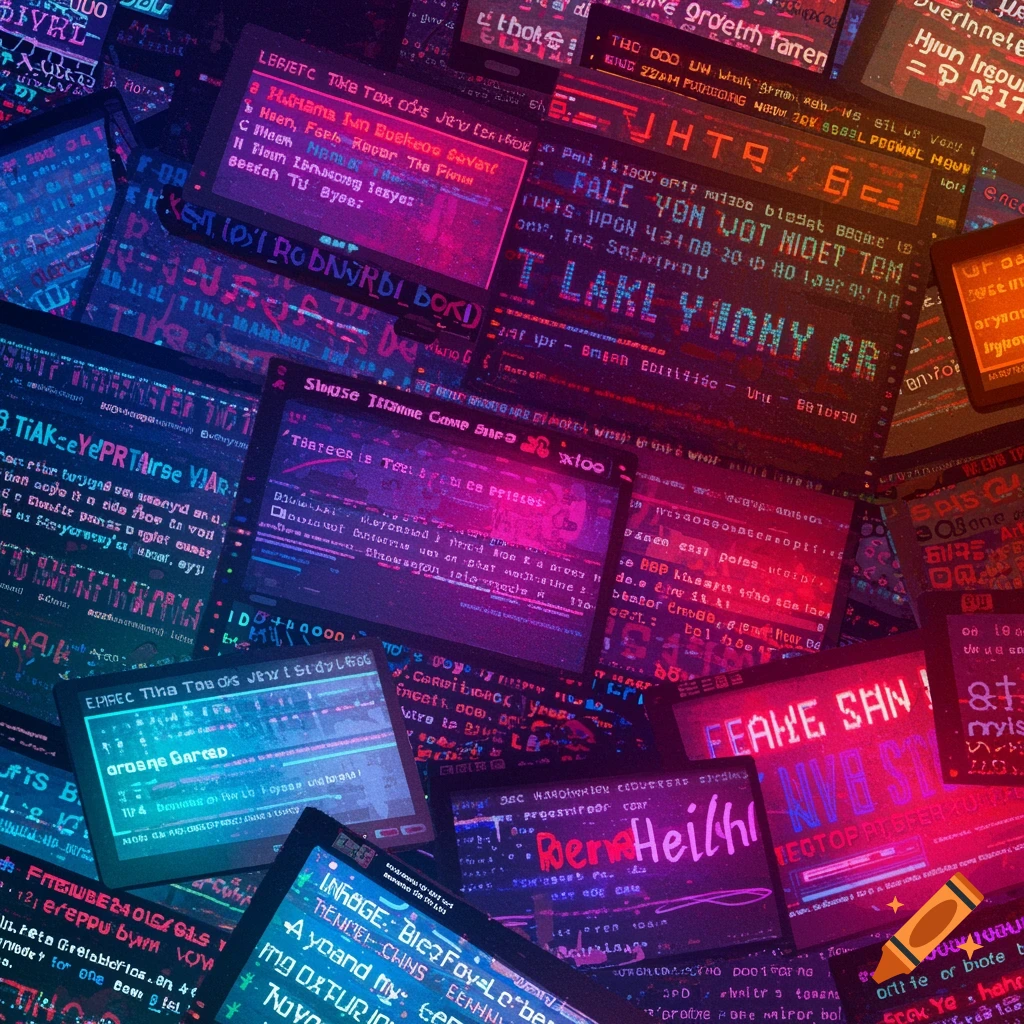 Overlapping digital screens displaying colorful, garbled neon text and graphics