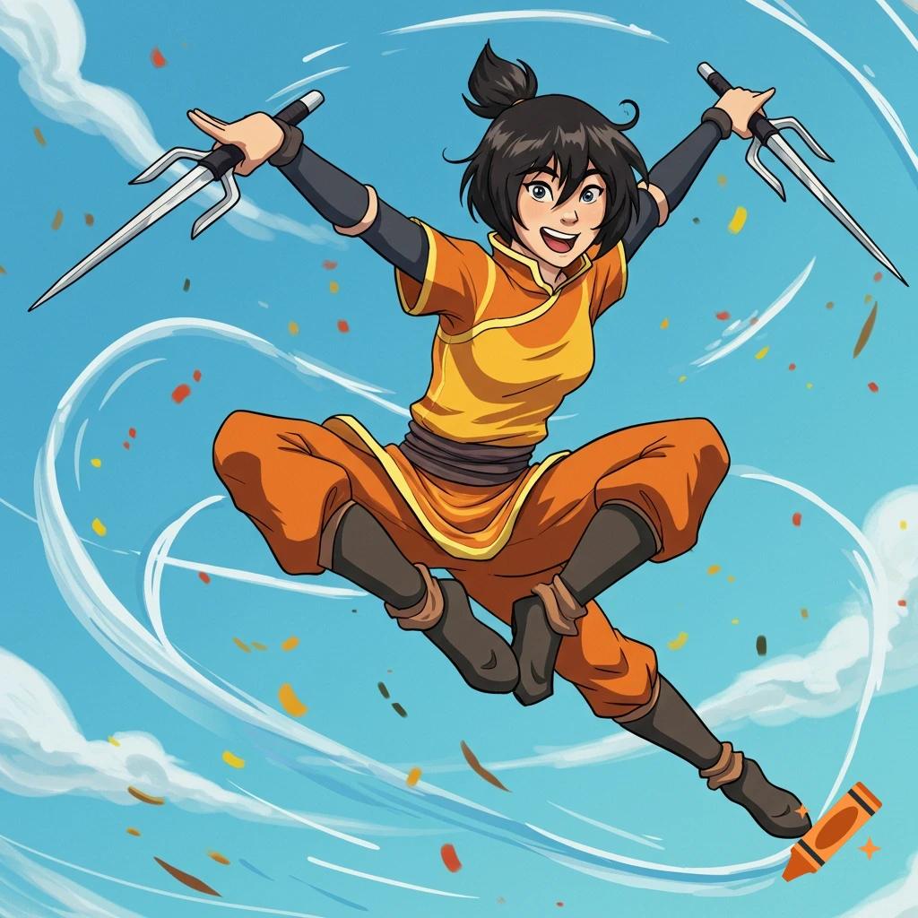 A female anime character in orange and yellow outfit jumps with two sai weapons against a blue sky.