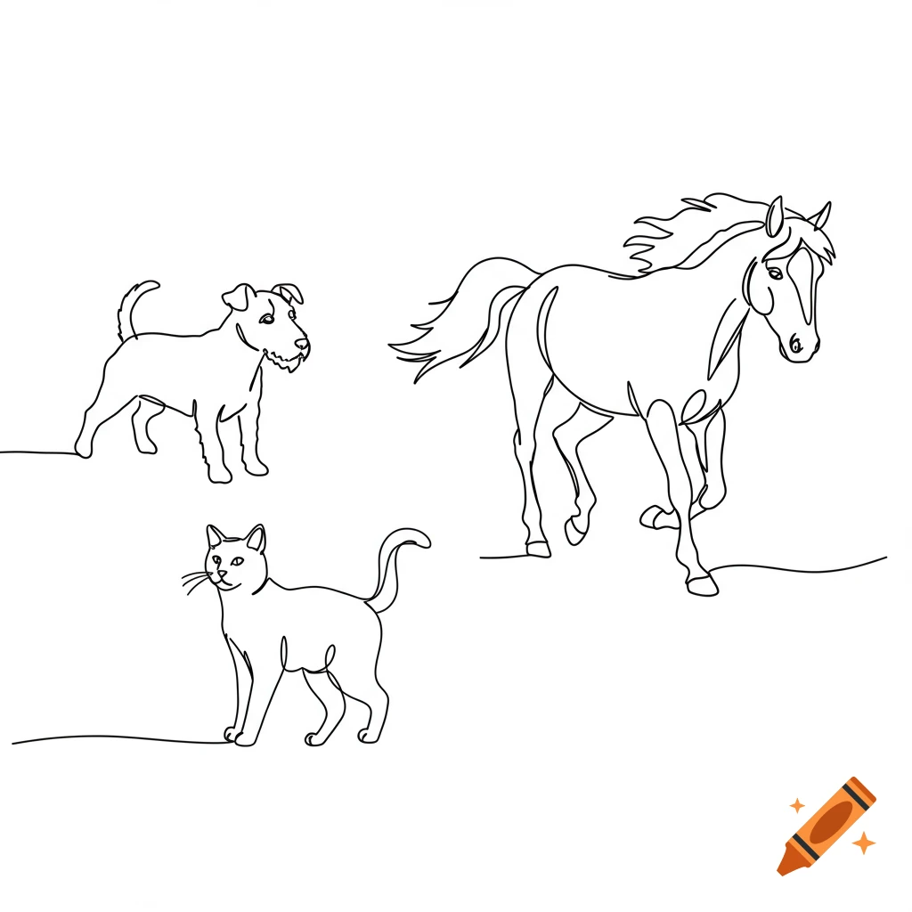 Black continuous line art drawing of a dog, a cat, and a horse on a white background.