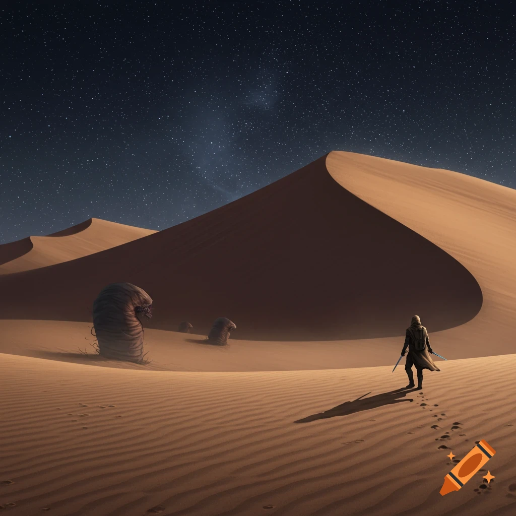 A lone figure walks towards sand worms in a desert under a starry night sky.
