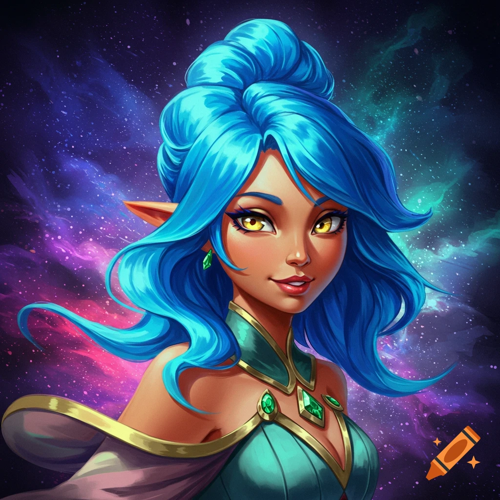 Stylized fantasy woman with blue hair and elf ears against a cosmic background