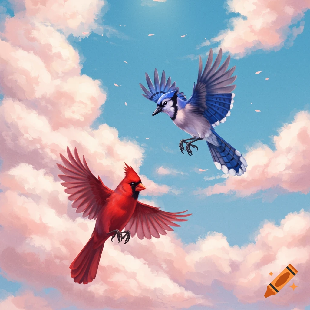 A red cardinal and a blue jay are flying near pink clouds in a blue sky.
