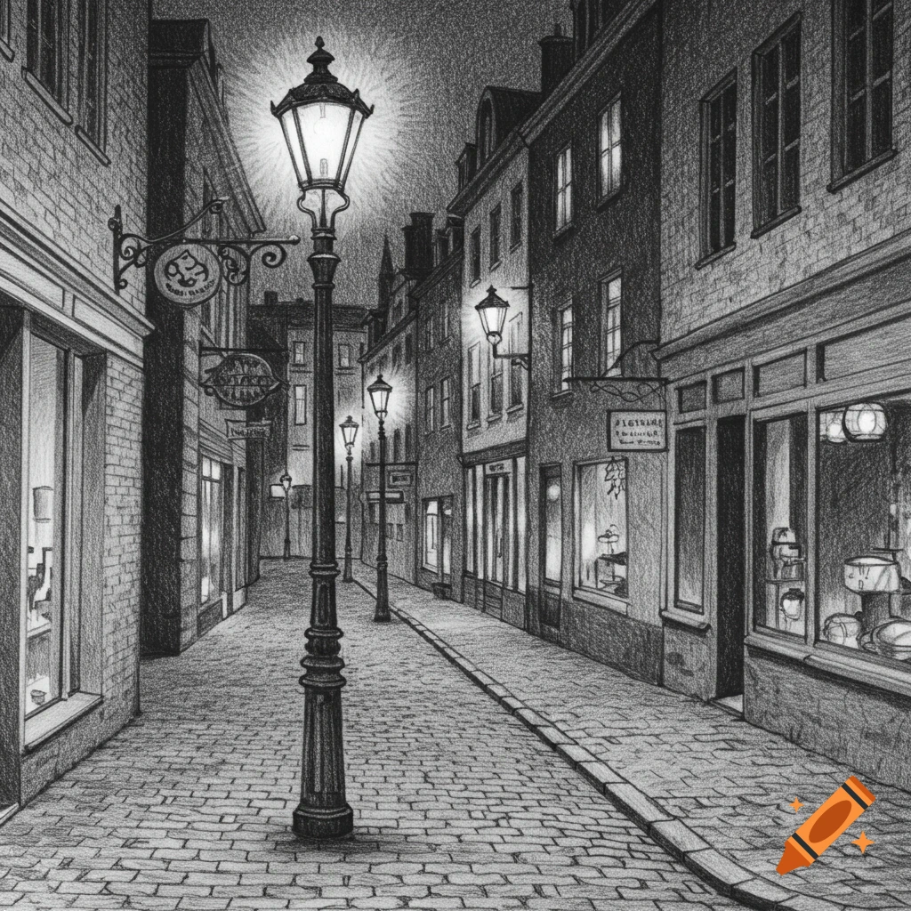 Pencil drawing of a street at night with buildings, a prominent lamppost, and lights.