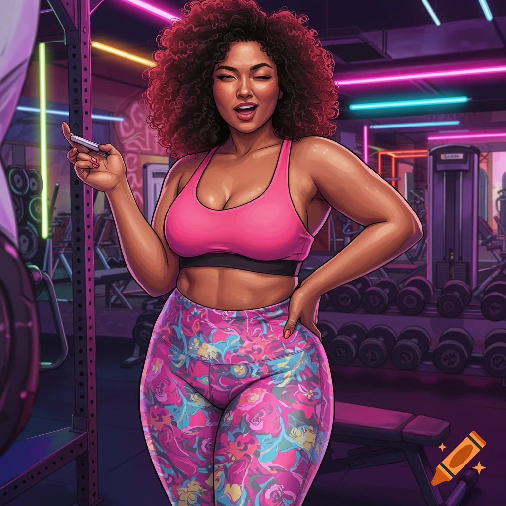A curvy woman in a pink sports bra and patterned leggings winks in a gym, digital art.