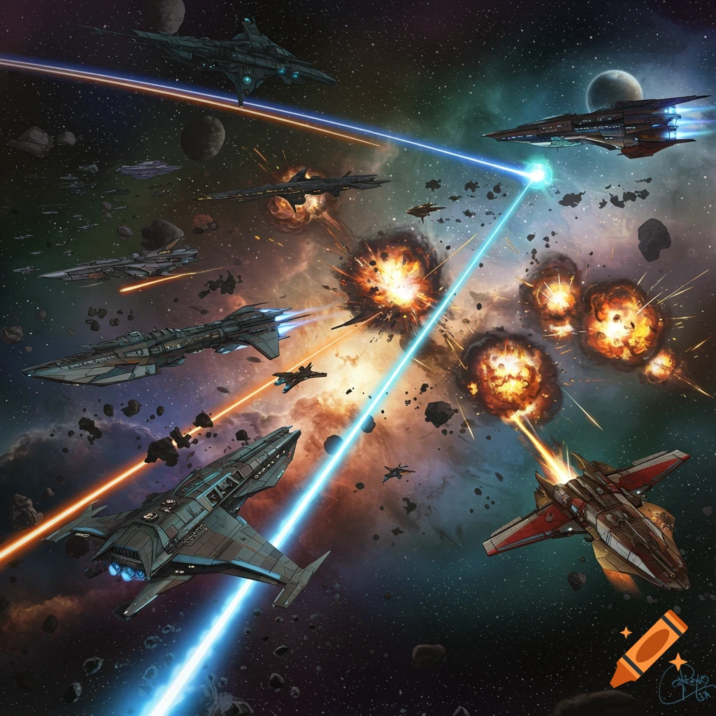 A space battle with multiple spaceships, lasers, and explosions