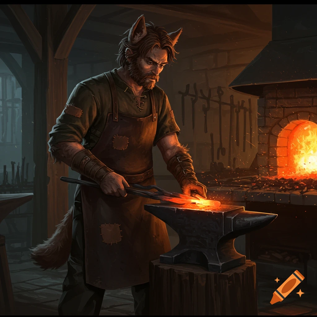 A man with husky ears and tail works as a blacksmith.