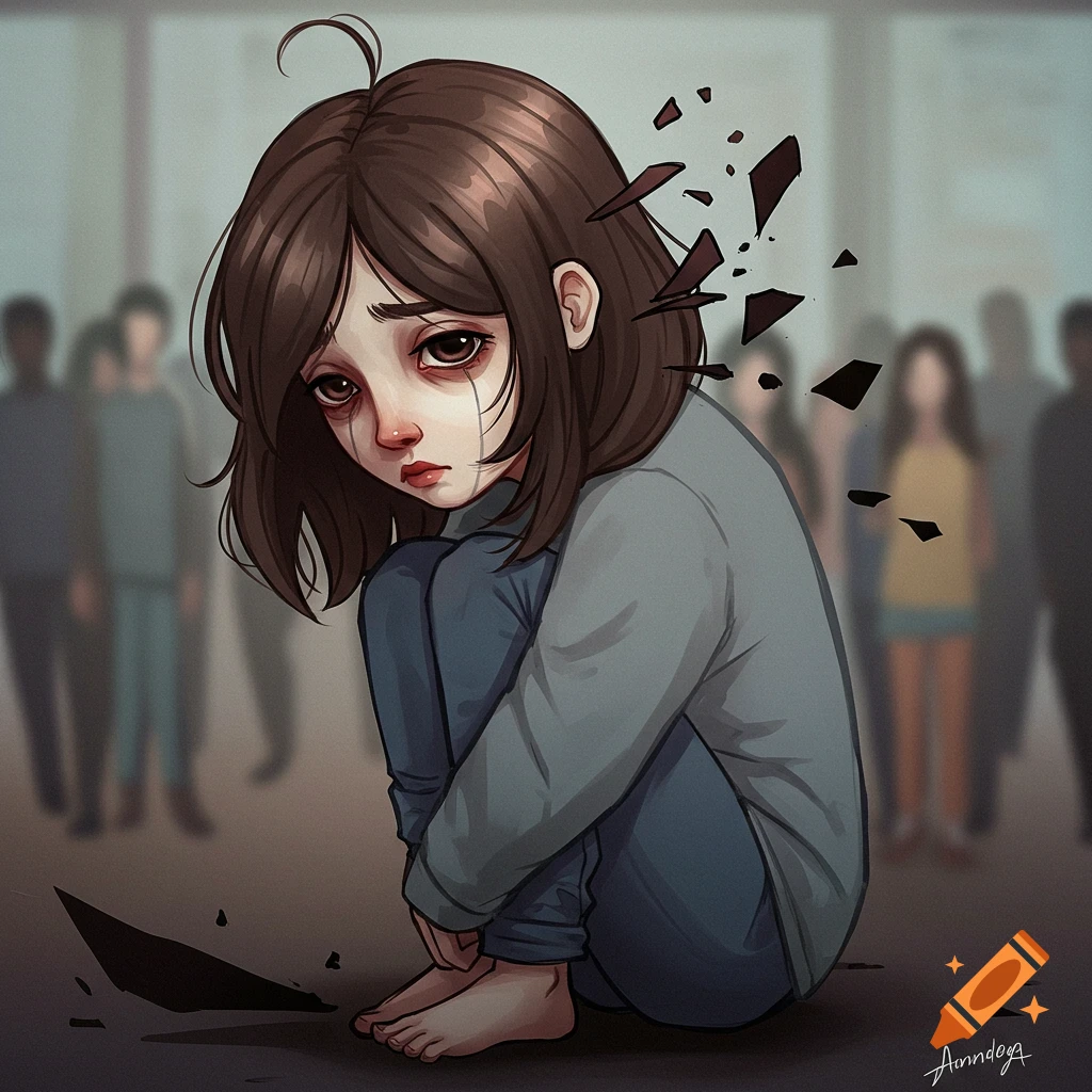 A sad person is shown hugging their knees, with shards breaking away from their head. A blurred crowd is in the background.
