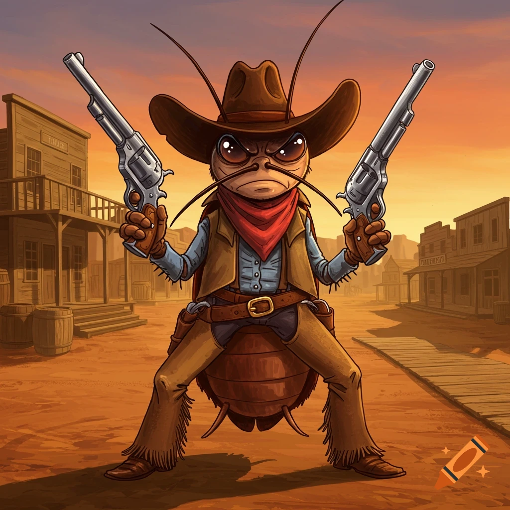 A cowboy cockroach holds two revolvers in a Western town