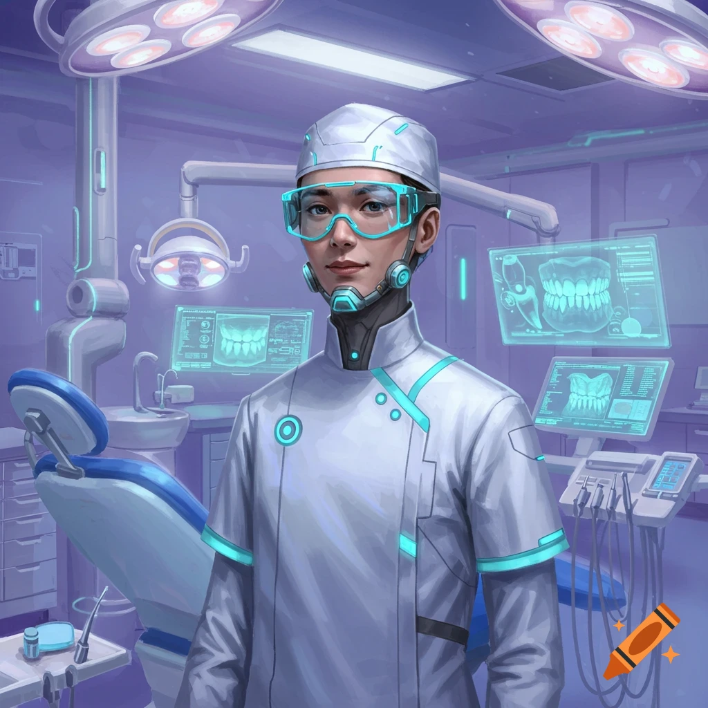 A futuristic dentist is shown in a dental office.