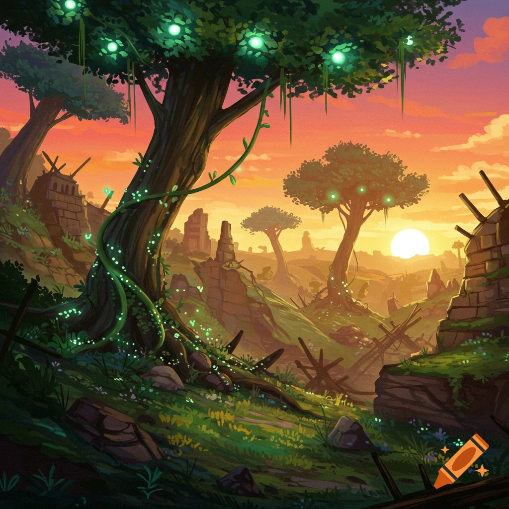 A fantasy landscape with ancient ruins, glowing trees, and a sunset.