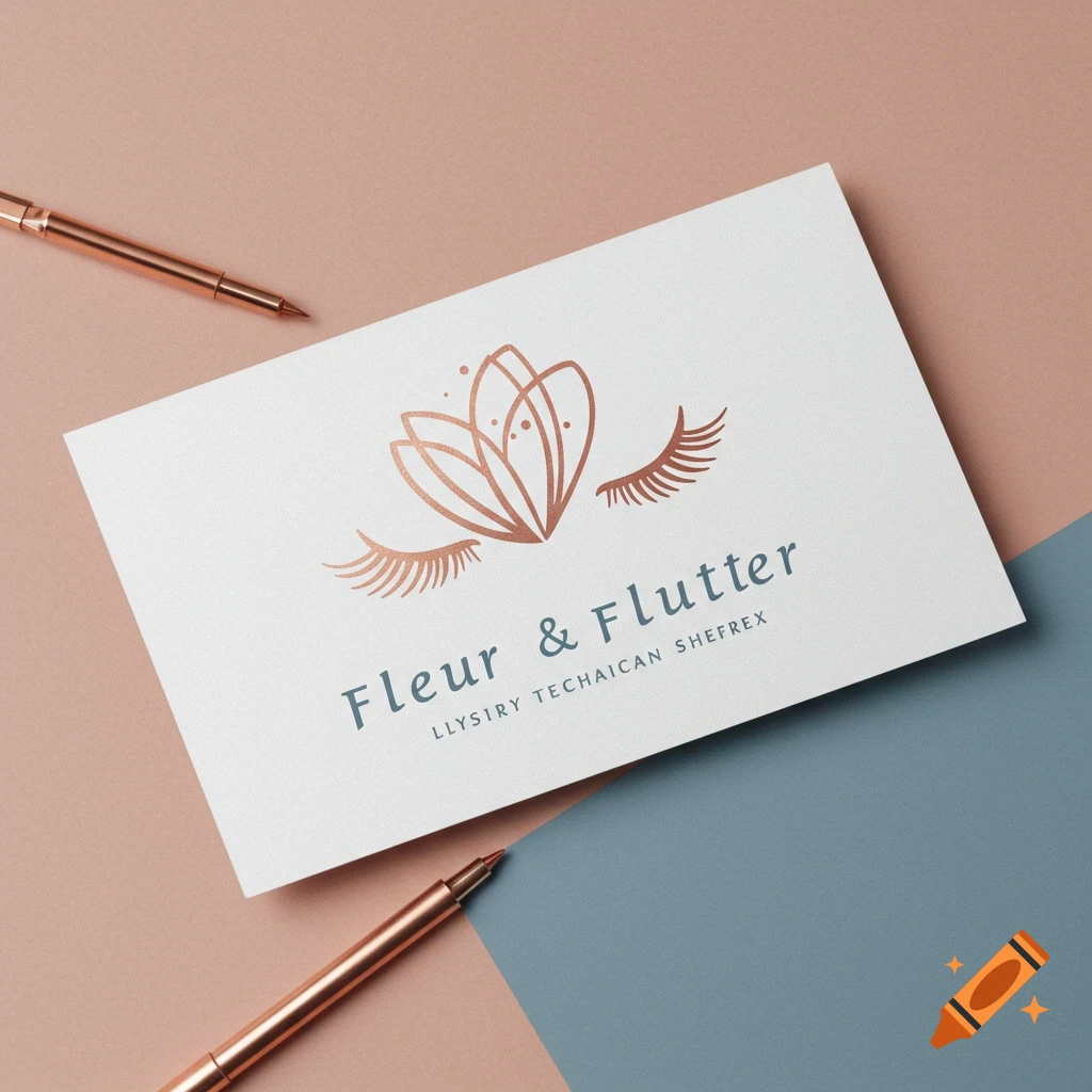 Logo design for "Fleur & Flutter" featuring a lotus and lashes, presented on a white card with rose gold pens.