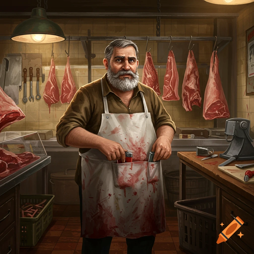 A male butcher in a bloody apron stands in a meat shop holding lighters.
