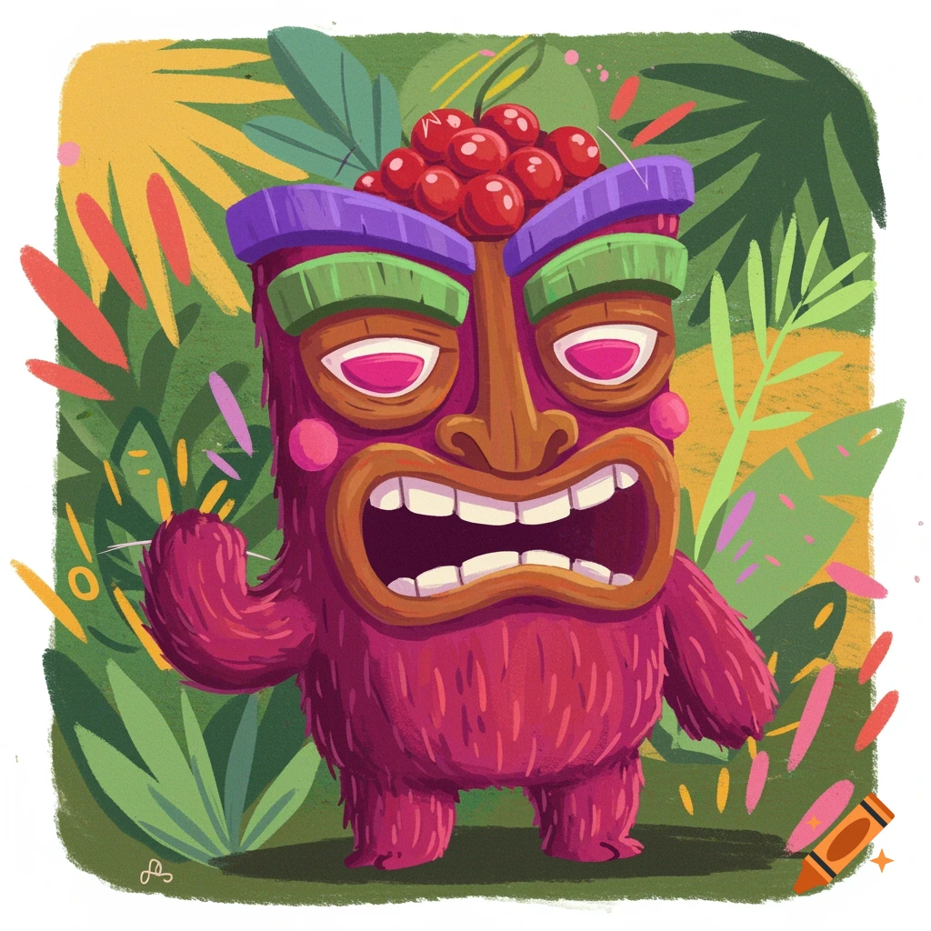 A vibrant, whimsical purple, furry tiki character with berries on its head is in a tropical jungle.