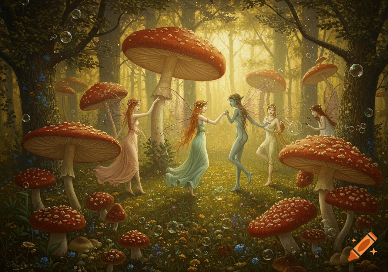 Fairies dance among giant mushrooms in a sunlit forest glade, painted in a dreamy, stylized manner.