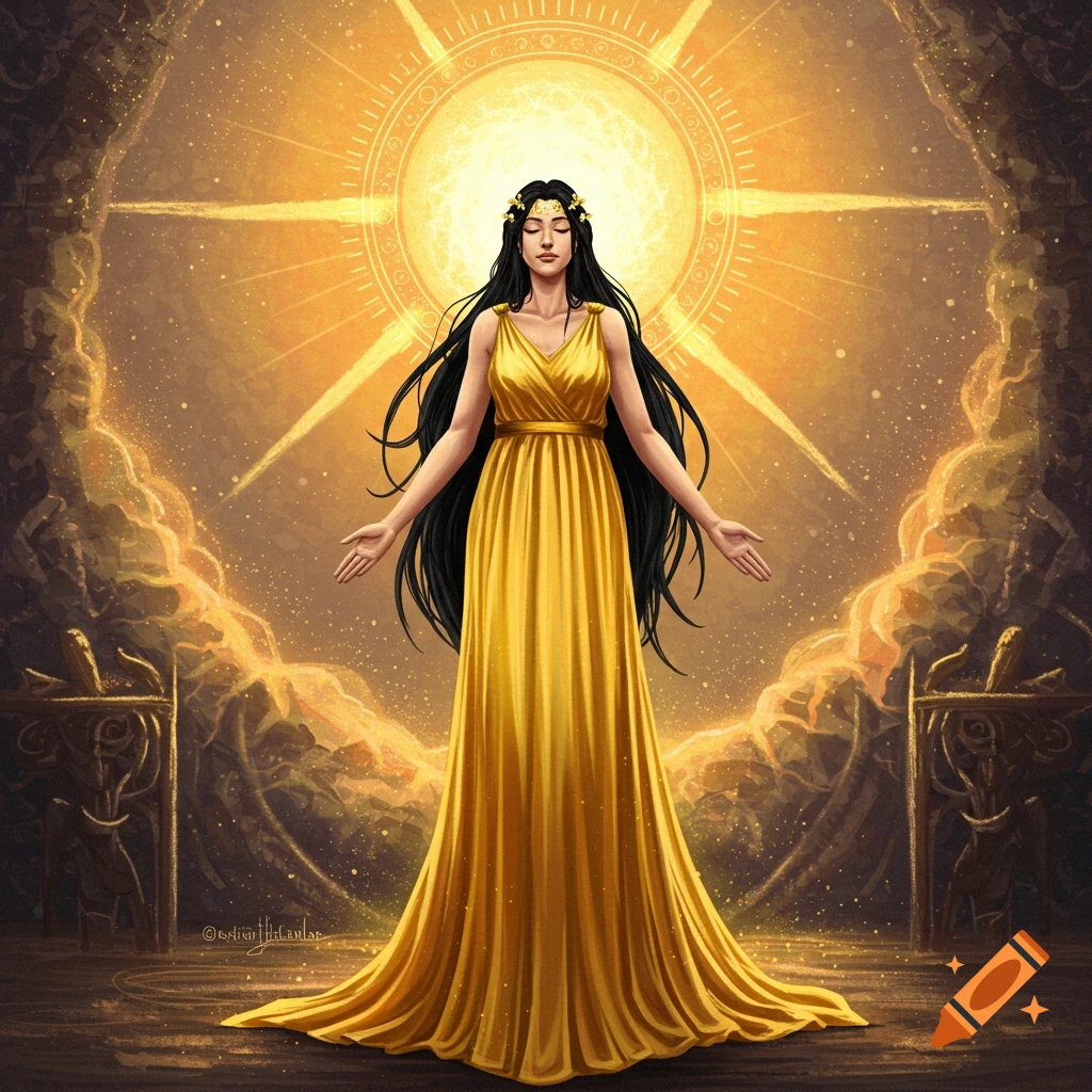 A goddess in a golden dress with long black hair stands in a sunlit fantasy scene.
