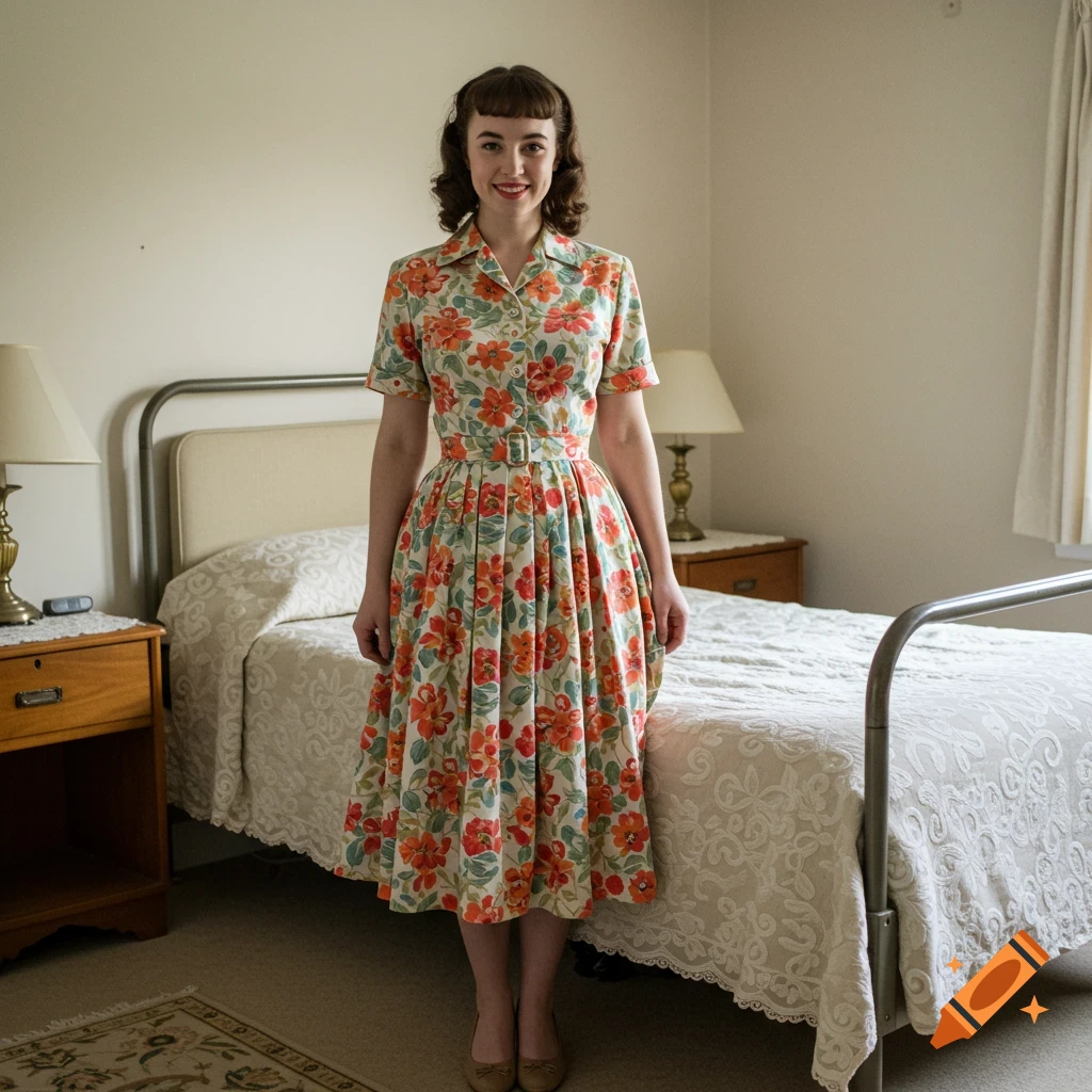 Full length photo of a woman in a floral 1950s dress standing next to a bed