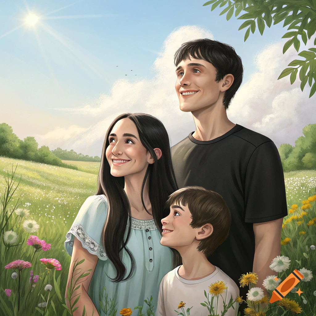A family portrait of a man, woman, and child looking up in a sunny field of wildflowers, in watercolor style.