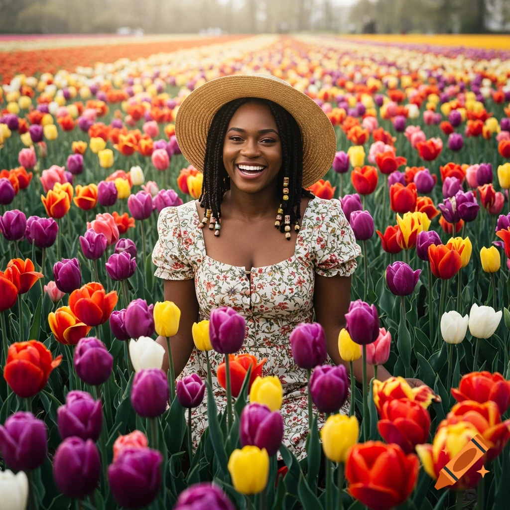 A smiling woman in a straw hat sits in a field of colorful red, purple, yellow, and white tulips.