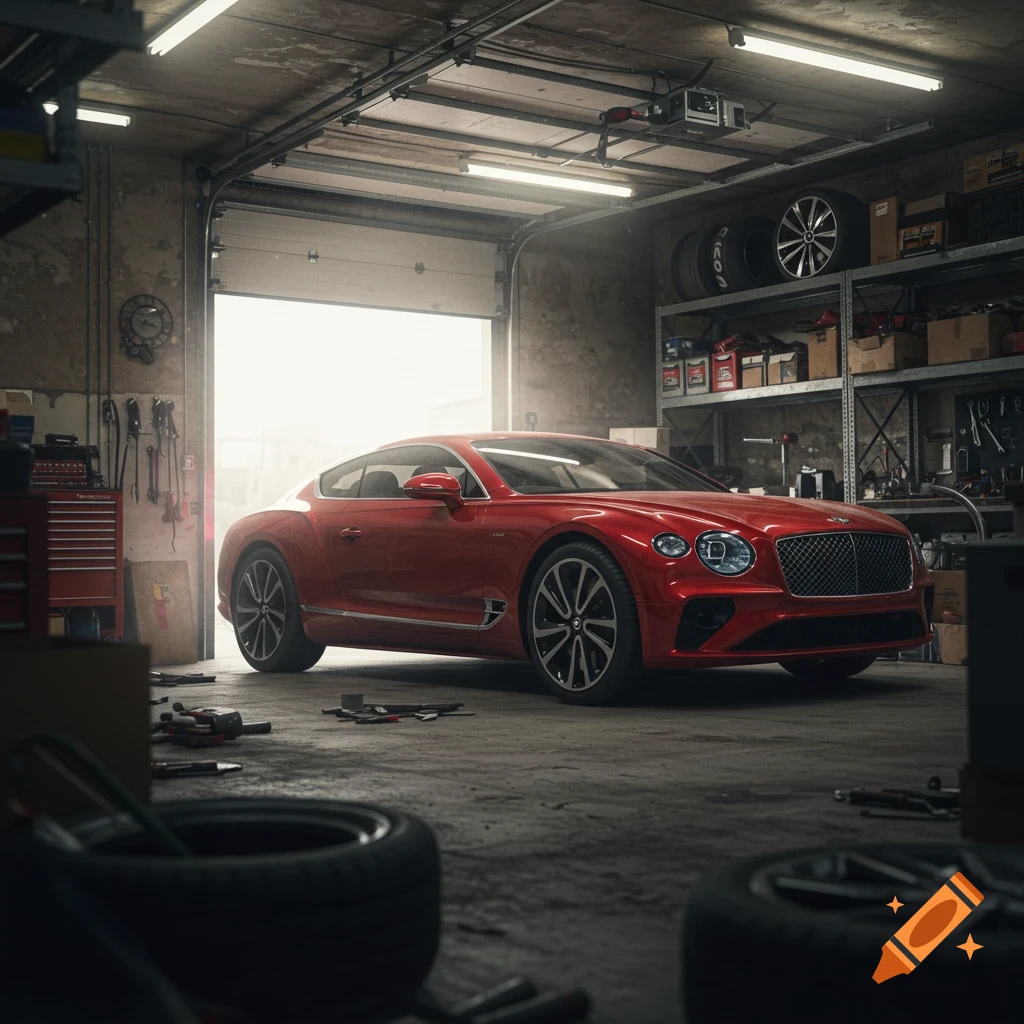 A red Bentley GT car sits in a cluttered garage with the door open, in a photorealistic style.
