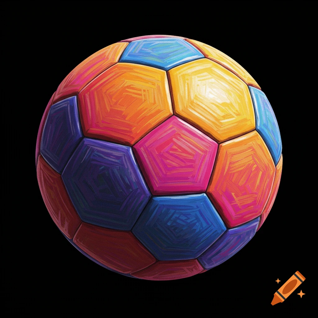 A colorful soccer ball with visible brushstrokes on a black background.