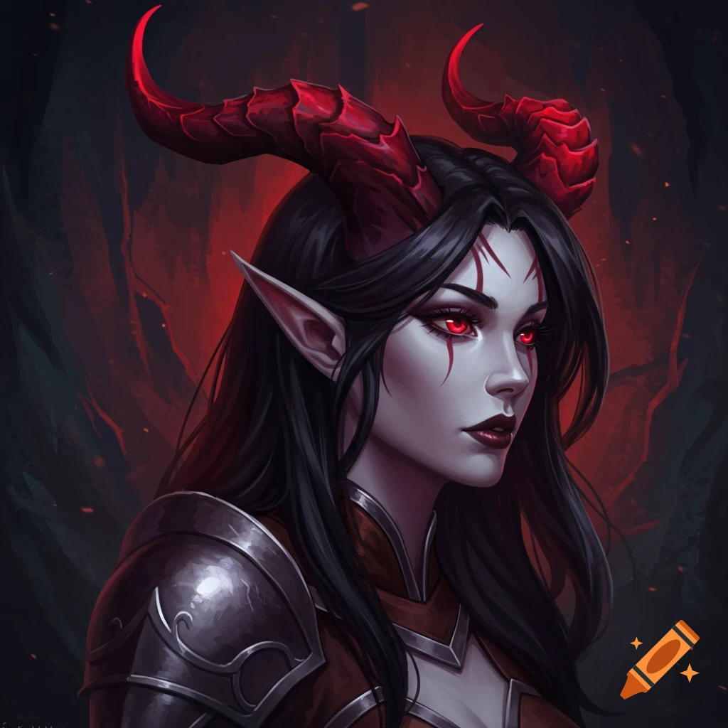 Female tiefling with red horns, red eyes, and white skin, wearing armor.