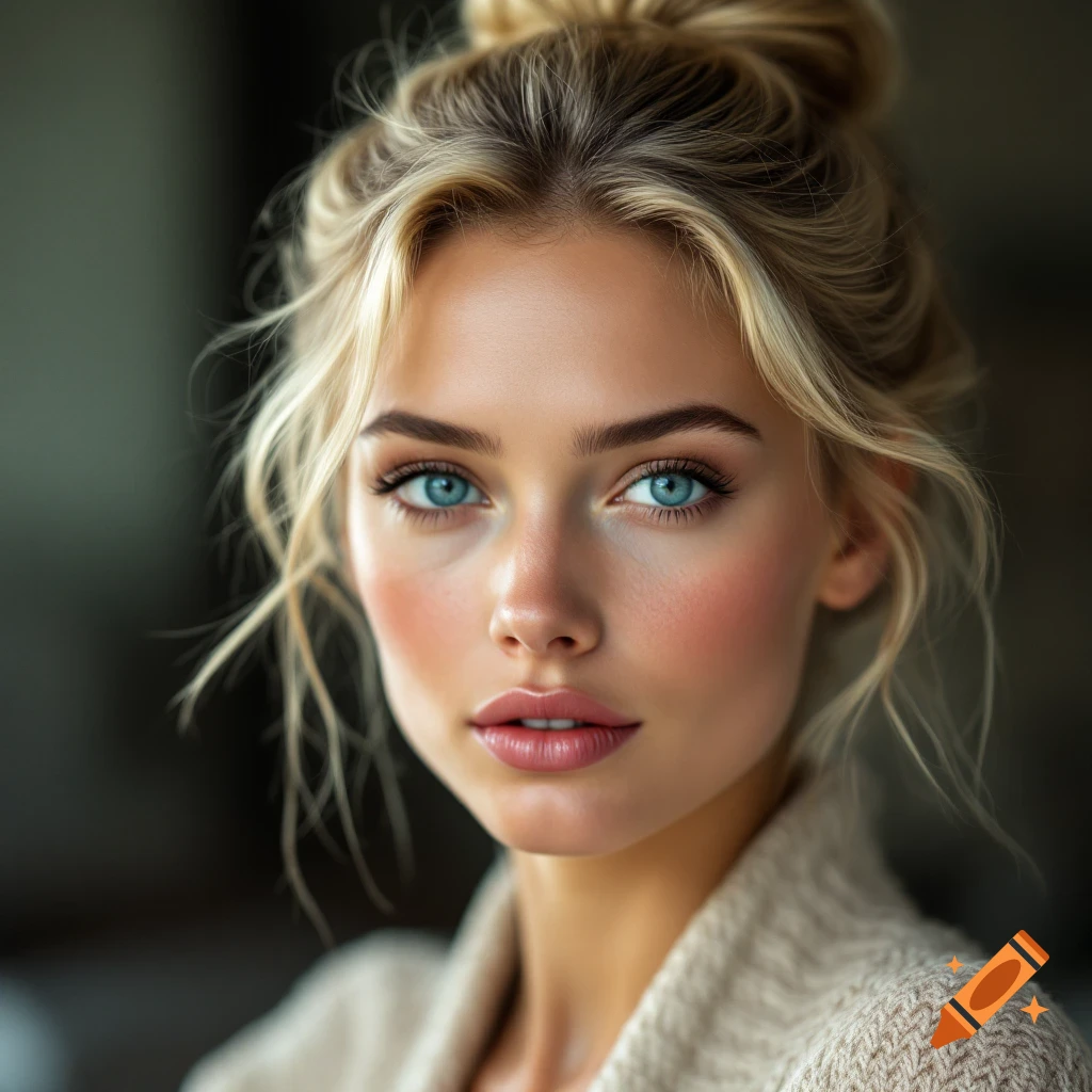 Close-up portrait of a young blonde woman with blue eyes