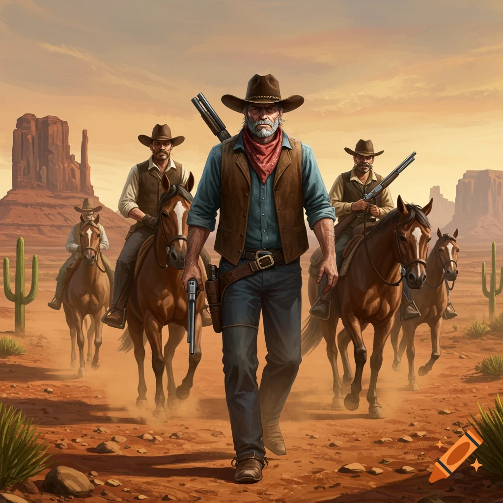A cowboy walking forward, leading other cowboys on horses through a desert landscape.