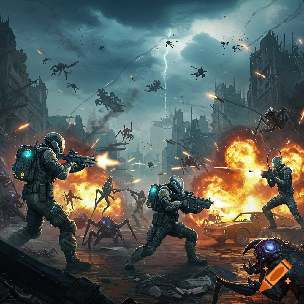 Sci-fi soldiers battle spider aliens in a ruined city with explosions and lightning.