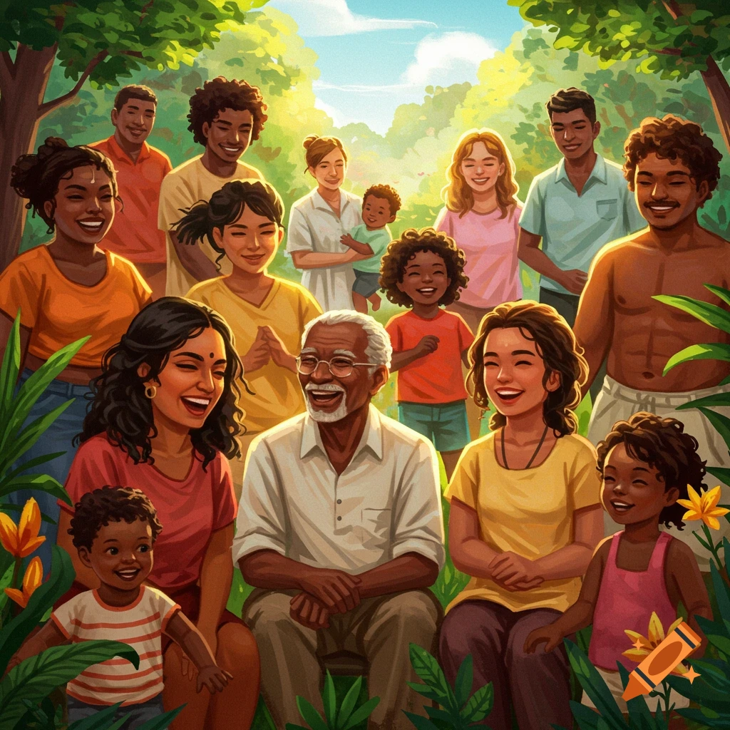 A large, diverse group of happy people outdoors.