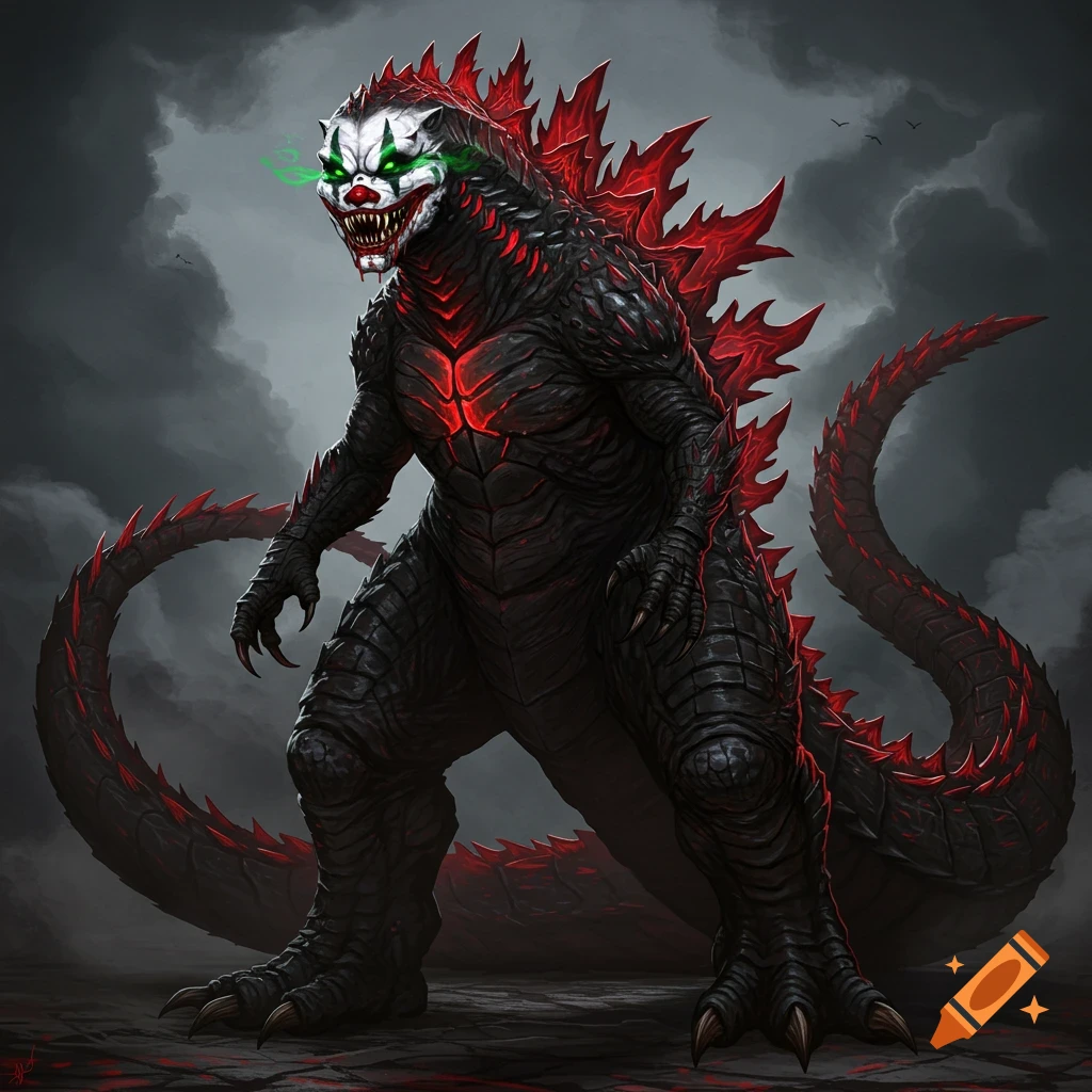 A Kaiju monster with clown makeup, glowing red spines, and neon green eyes stands in a stormy landscape.