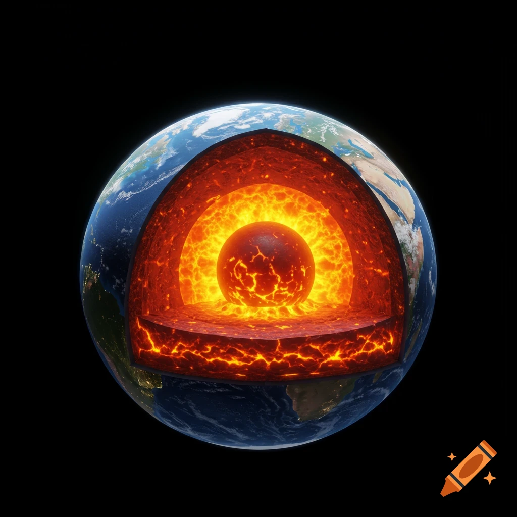 A cross-section of the Earth showing its layers: crust, mantle, outer core, and inner core, set against a black background.