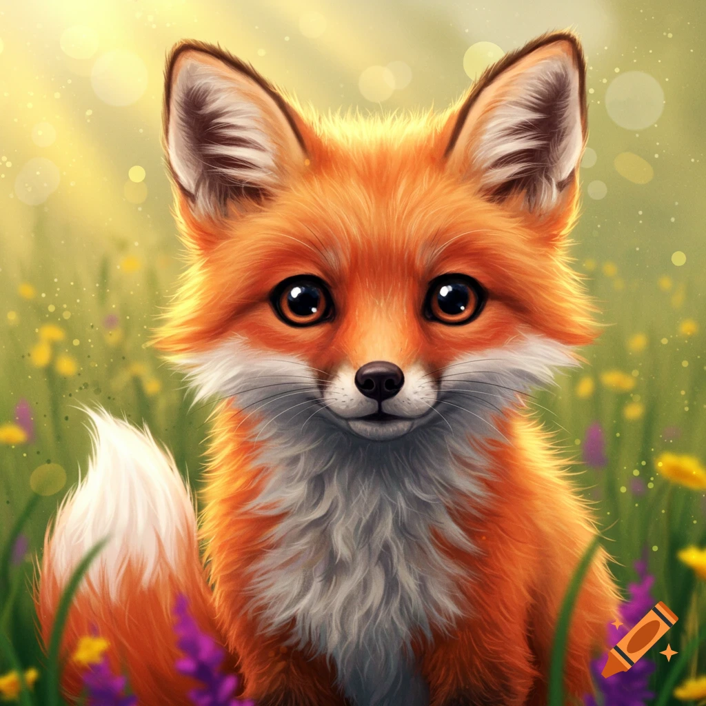 A young fox in a field of flowers