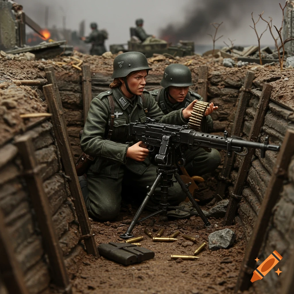 Photorealistic diorama of female German soldiers in a WWII trench with an MG42 machine gun