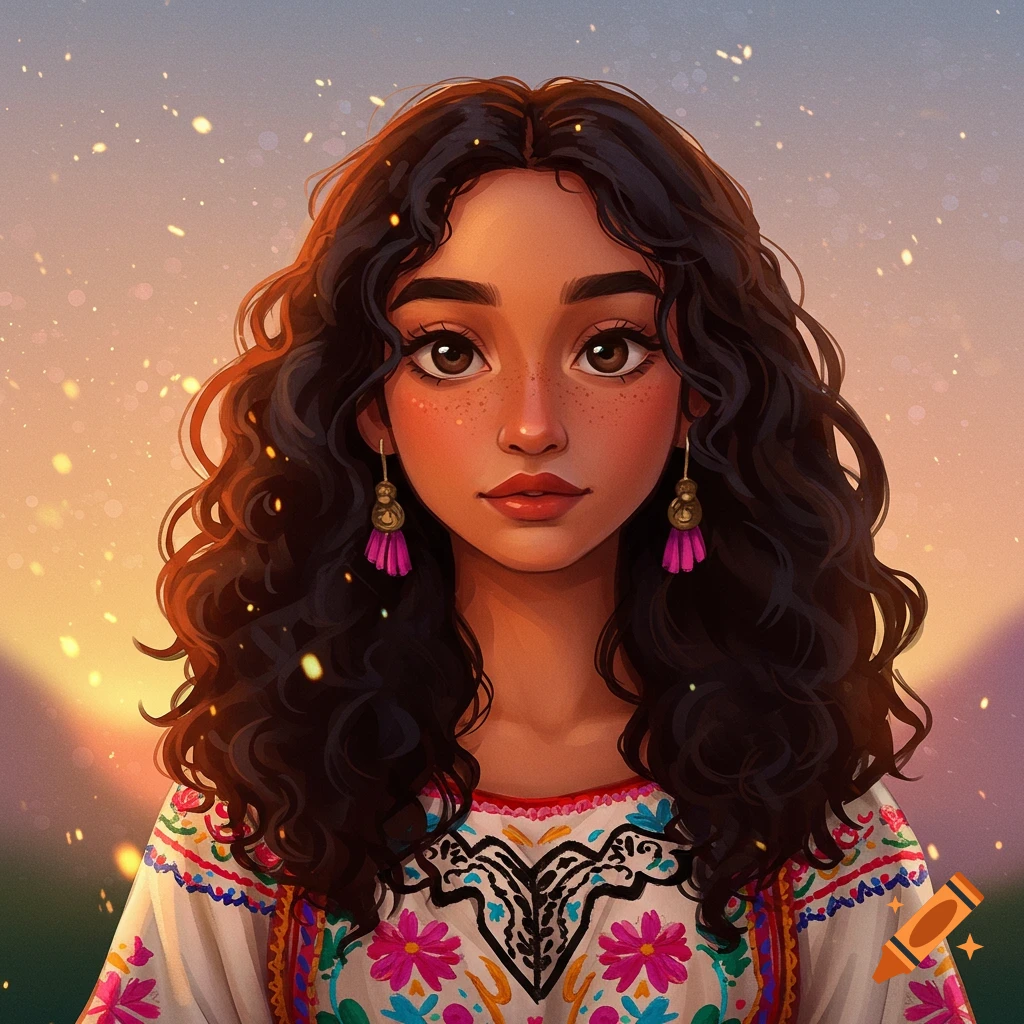 Portrait of a woman with curly hair and embroidered shirt at sunset.