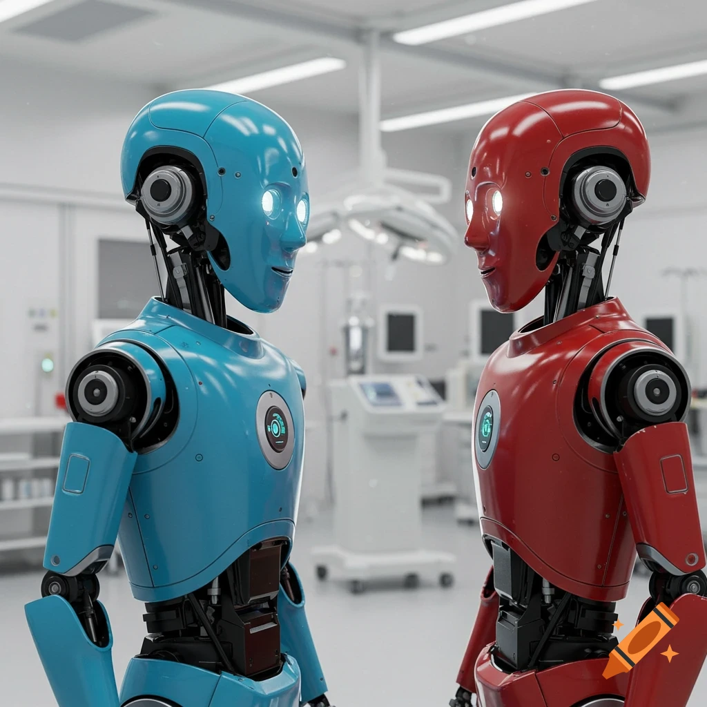 Two blue and red robots stand in a medical laboratory