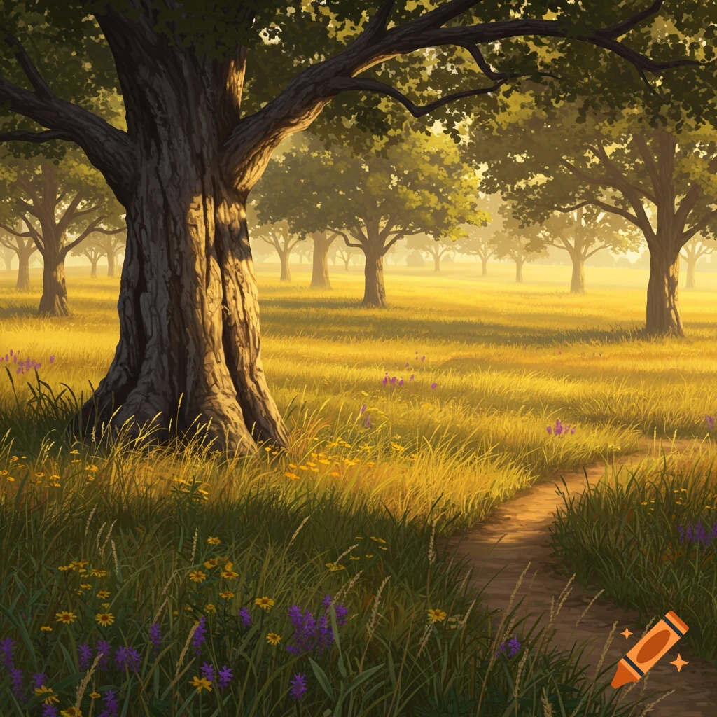 A sunny oak savanna with tall grass, wild flowers, and a path leading through the trees.
