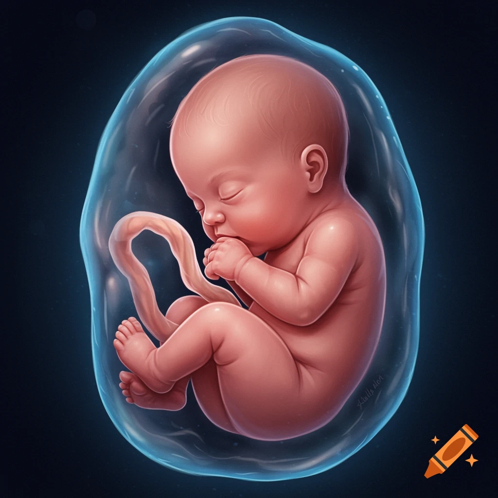 A baby in the womb, curled up inside a translucent amniotic sac.