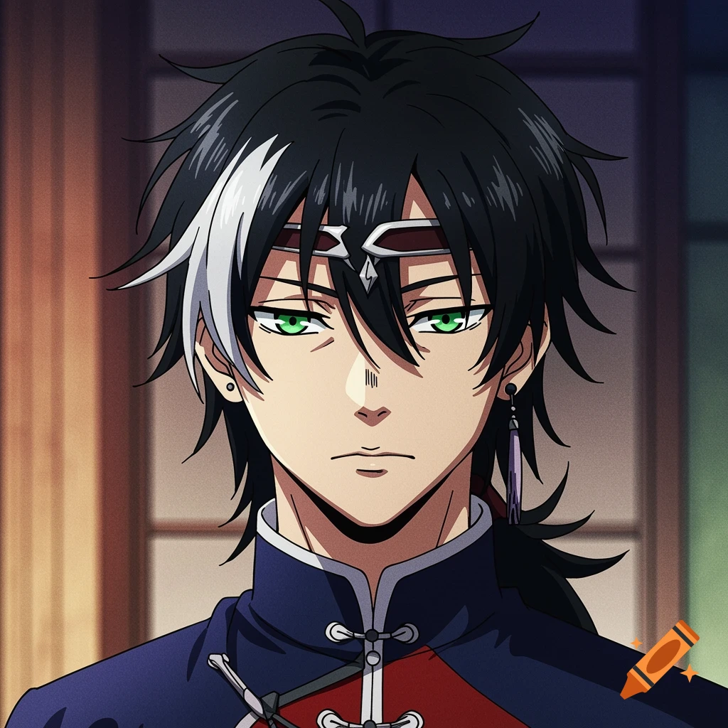 An anime portrait of a man with black hair, a white streak, green eyes, and a blue and red outfit.
