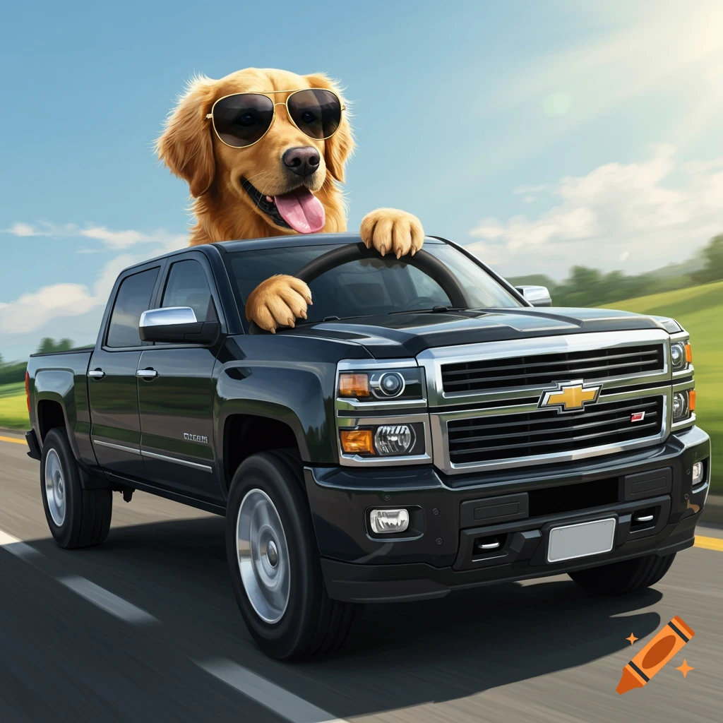 A golden retriever wearing sunglasses drives a black Chevy truck down a road.