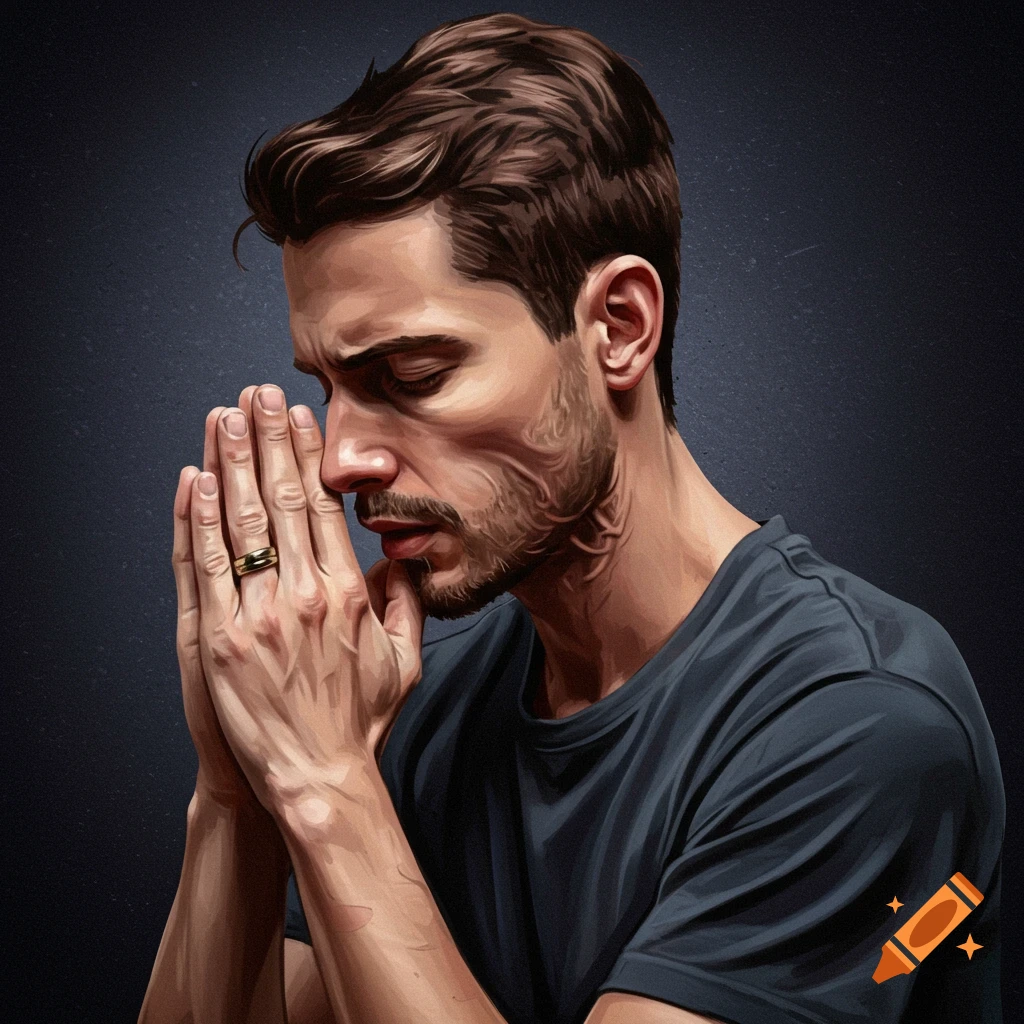 Image of a man with clasped hands praying, seen from the side.