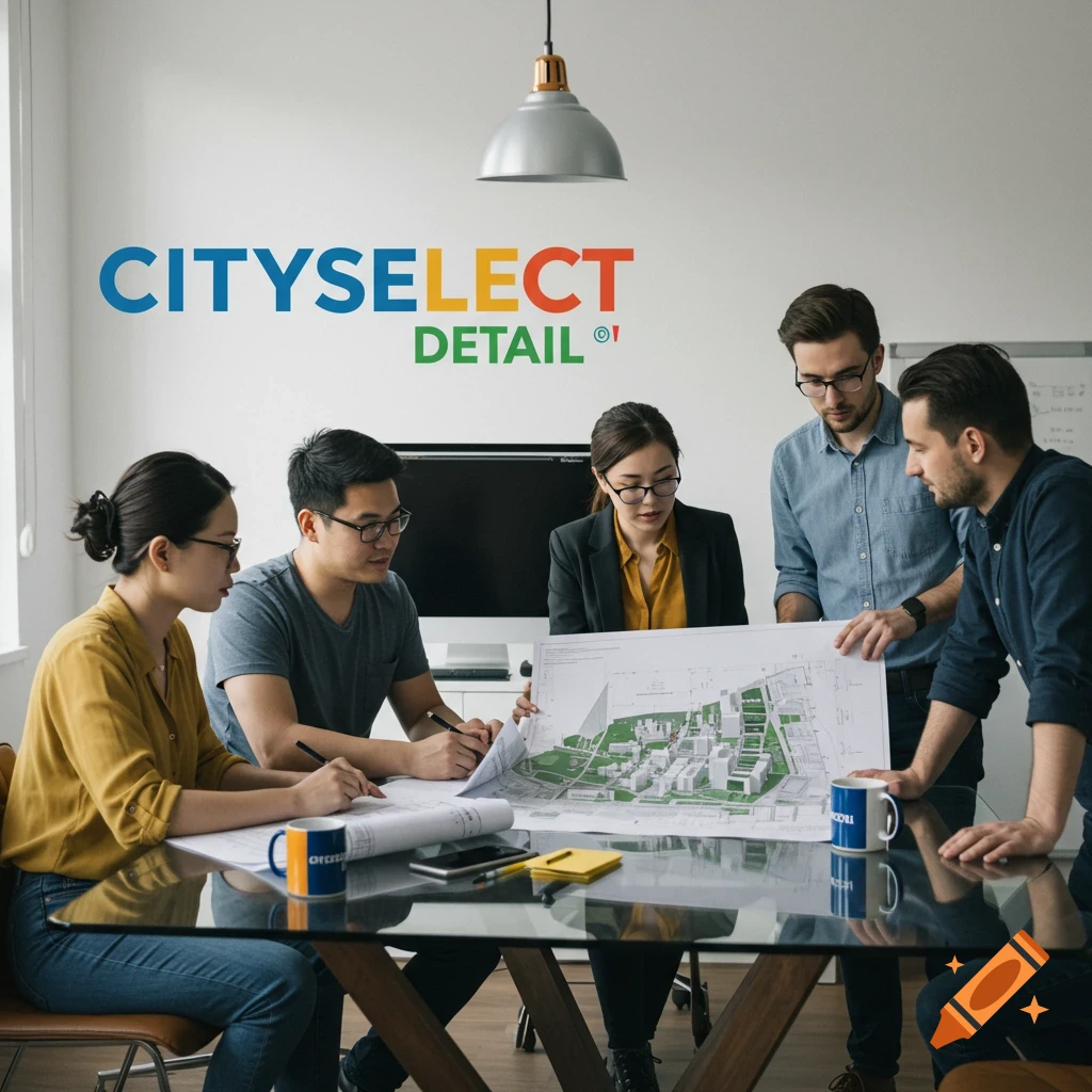 Diverse team in a modern office reviews blueprints and a city model with a logo on the wall.