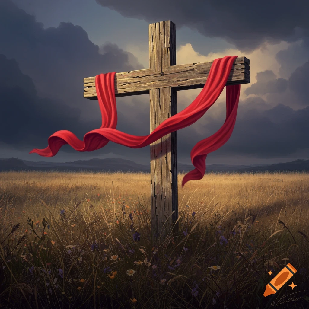 A wooden cross with a red cloth draped over it stands in a field under a stormy sky.