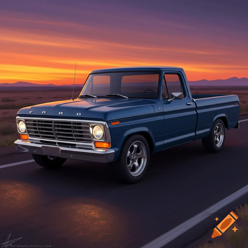 A blue Ford F150 truck drives on a road at sunset.