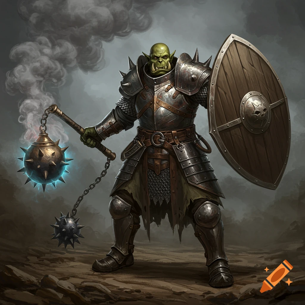 A heavily armored orc holds a flail and a shield.