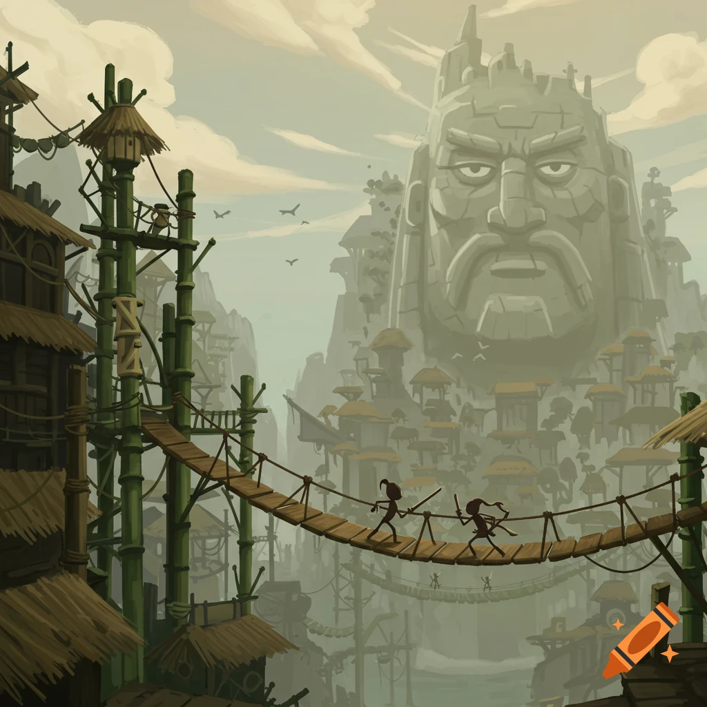 A fantasy city with bamboo structures and rope bridges, overseen by a giant stone face. Two figures train on a bridge.