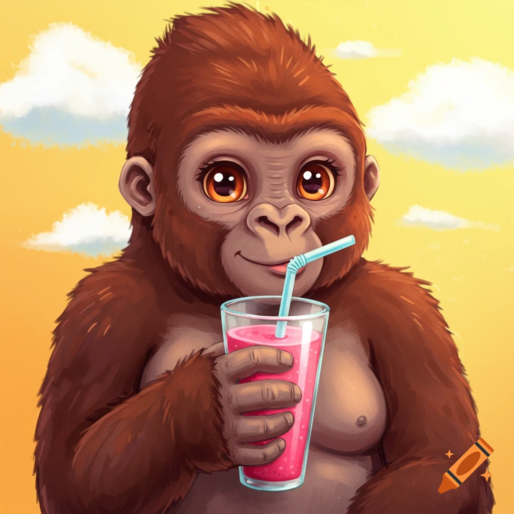 A cute gorilla holding a pink drink with a straw