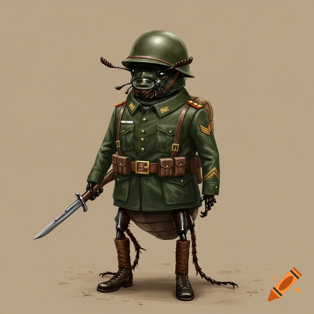 A carpet beetle wearing a military uniform and holding a bayoneted rifle.