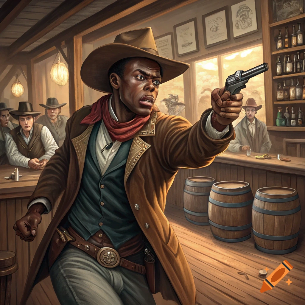 Painting of a Black cowboy drawing a pistol in a saloon during a shootout